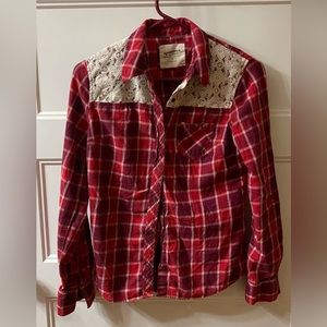 Red plaid, button up shirt with lace accent, size small, brand Arizona